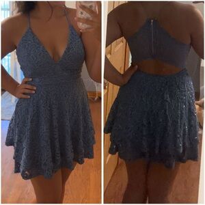 Honey and Rosie Backless Lace Dress in Blue